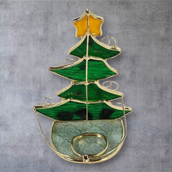 Vintage Stained Glass Christmas Tree Tea Light Candle Holder 7" Holiday Decor - Picture 6 of 12